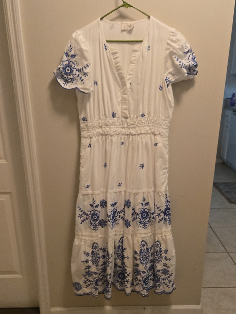 Joie White Midi Dress with Blue Floral Embroidery